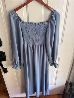 Off the shoulder Light Blue Smocked Square-Neck Midi Dress -